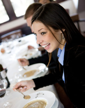 Woman at business lunch.